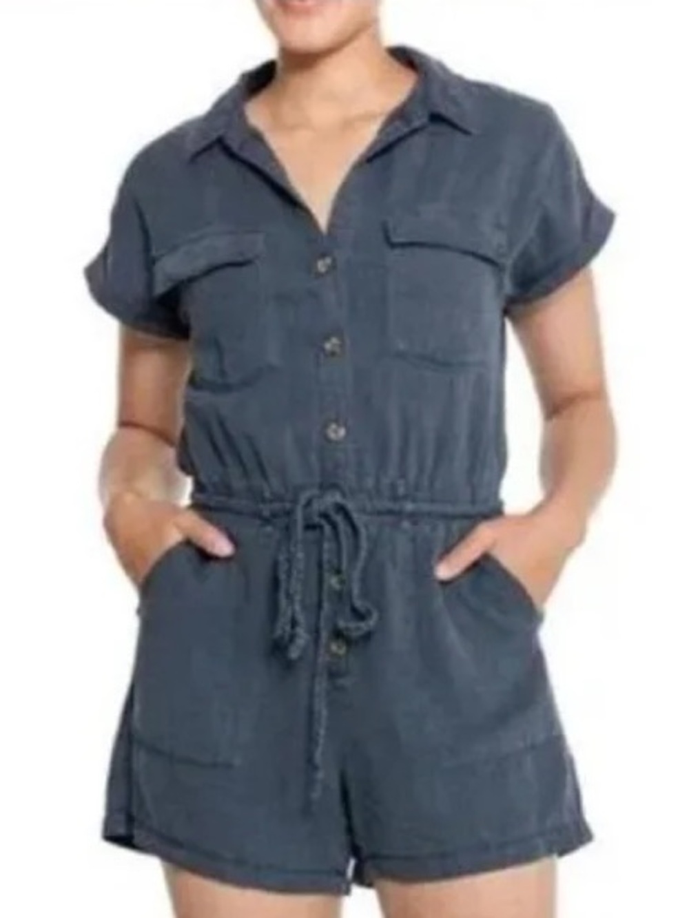 Nicole Miller Blue Gray Short-Sleeve Romper with Braided Belt